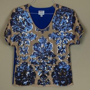 Neiman Marcus Tracy Reese Beige w/ Blue & Gold Sequin Floral Embellishments Top